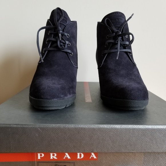PRADA HALF-BOOT WEDGE BOOTIES 3TZ037 BLEU NEW 39.5 - Picture 1 of 9